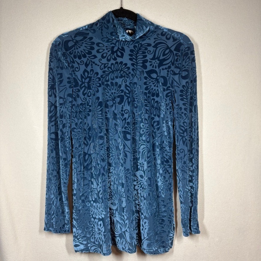 Soft Surroundings Burnout Velvet Floral Turtleneck Top Rhinestone Cuffs Sm Blue